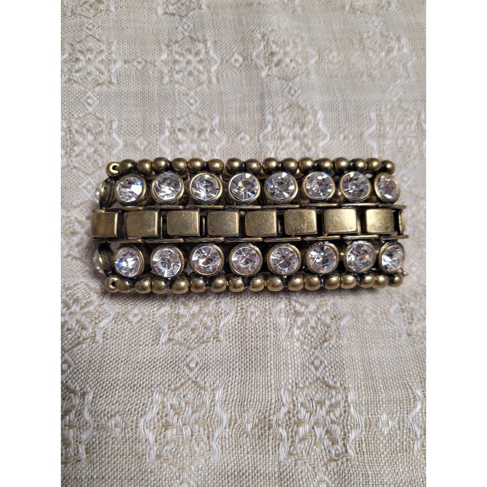 Marlyn Schiff Antique Gold Tone Clear Crystal Stretch Cuff Bracelet Statement - Picture 1 of 4